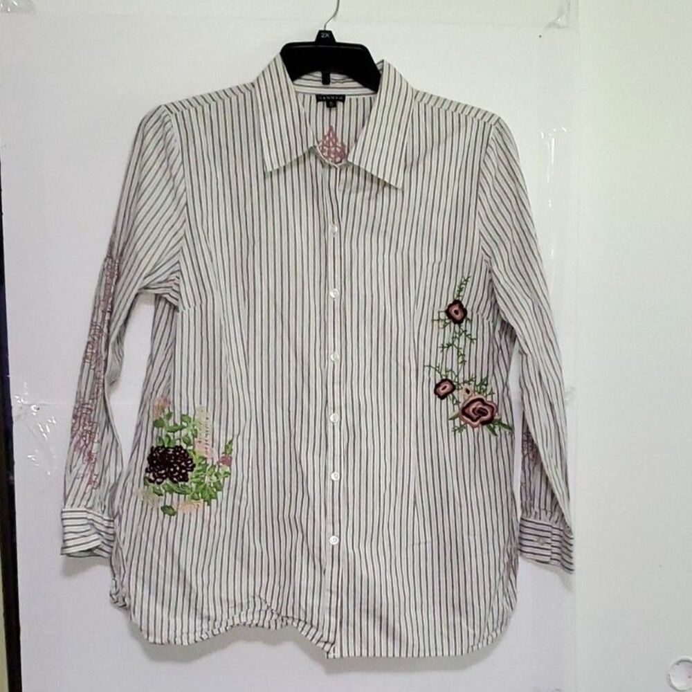 A Hannah Women's Button Front Top Embroidered Detail Cottage Core Long Sleeve XL